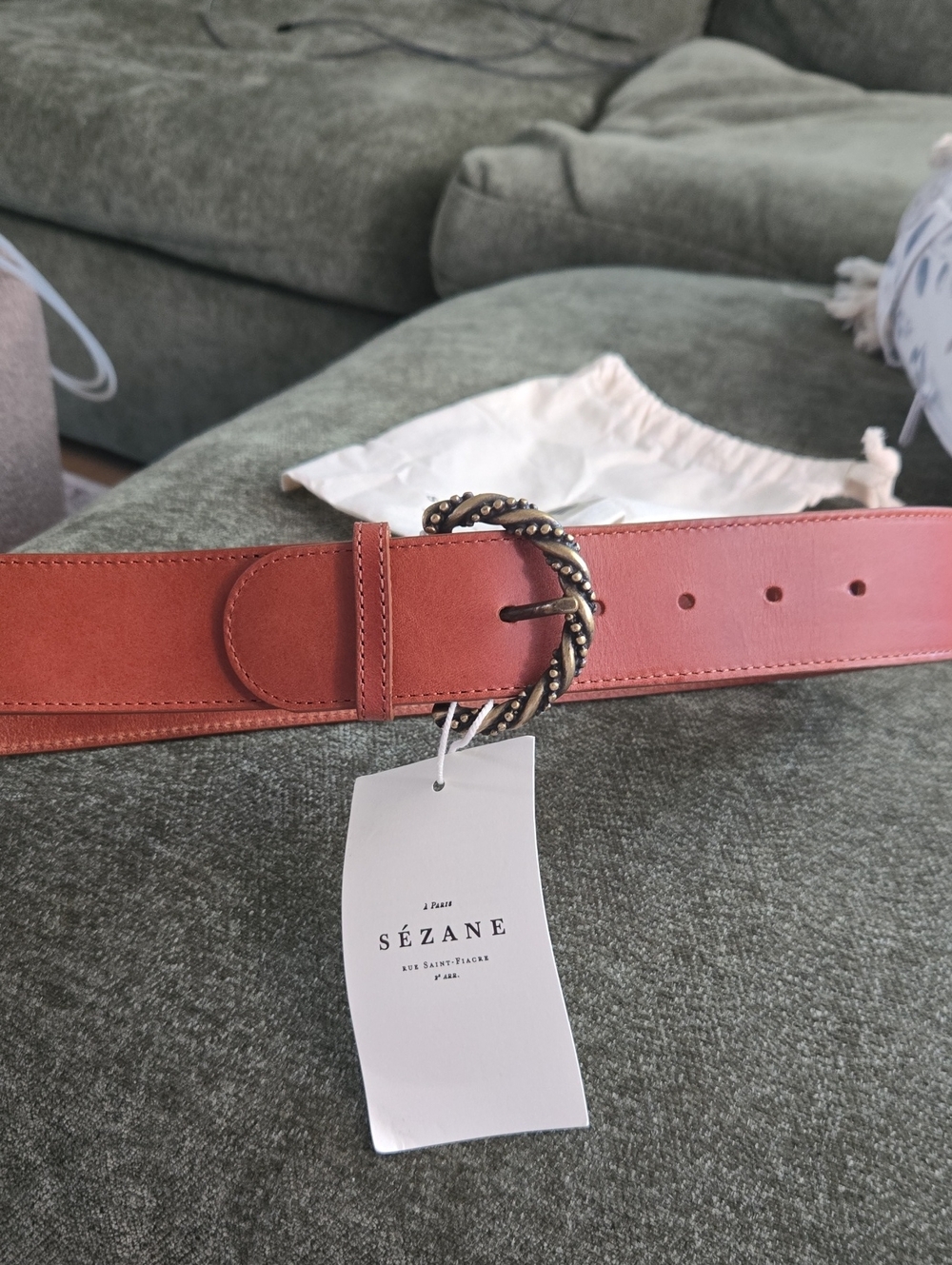 Sézane Ava Brown Leather Belt with Twisted Brass Buckle Sz 80 - Picture 9 of 10